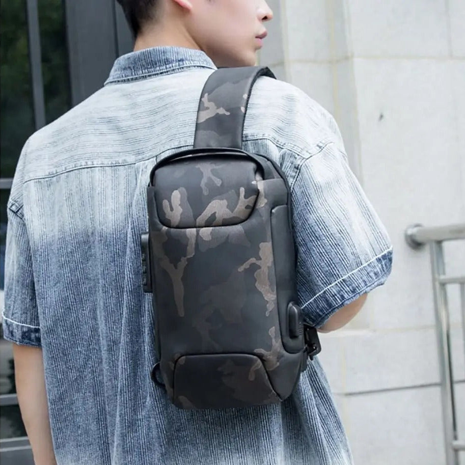 Person wearing a camouflage sling bag outdoors