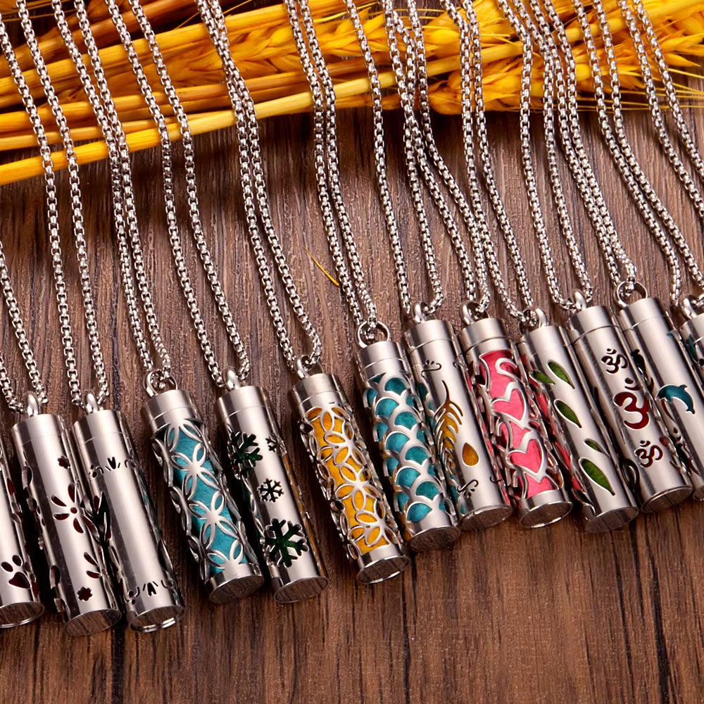 Stainless Steel Hollow Vertical Bar Air Freshener Perfume Oil Diffuser Locket Charm Jewelry Pendant Necklace for Women Men Teen